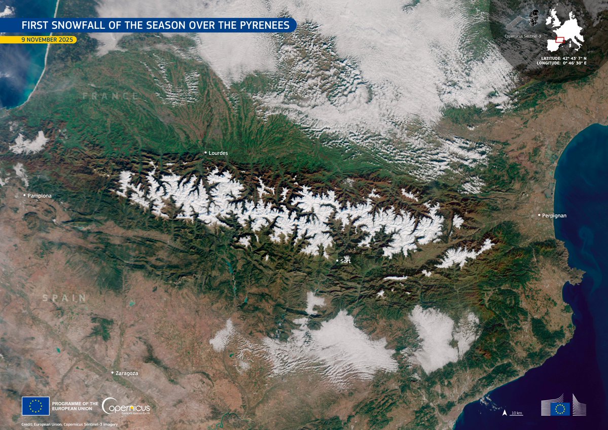 Impresionante la imagen que hoy distribuye <a href="/CopernicusEU/">Copernicus EU</a> de los Pirineos nevados, tomada el pasado día 9. Es interesante ver también cómo los estratos al sur de la cordillera se van transformando en líneas de estratocúmulos a medida que el calentamiento del suelo va generando una