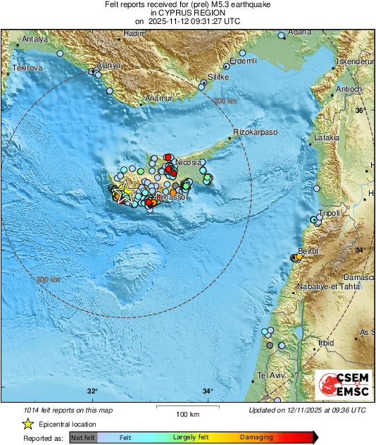 #Earthquake 14 km E of #Paphos (#Cyprus) 6 min ago (local time 11:31:27). Colored dots represent local shaking &amp; damage level reported by eyeswitnesses. Share your experience via:
📱m.emsc.eu/#app
🌐m.emsc.eu/?id=1897620