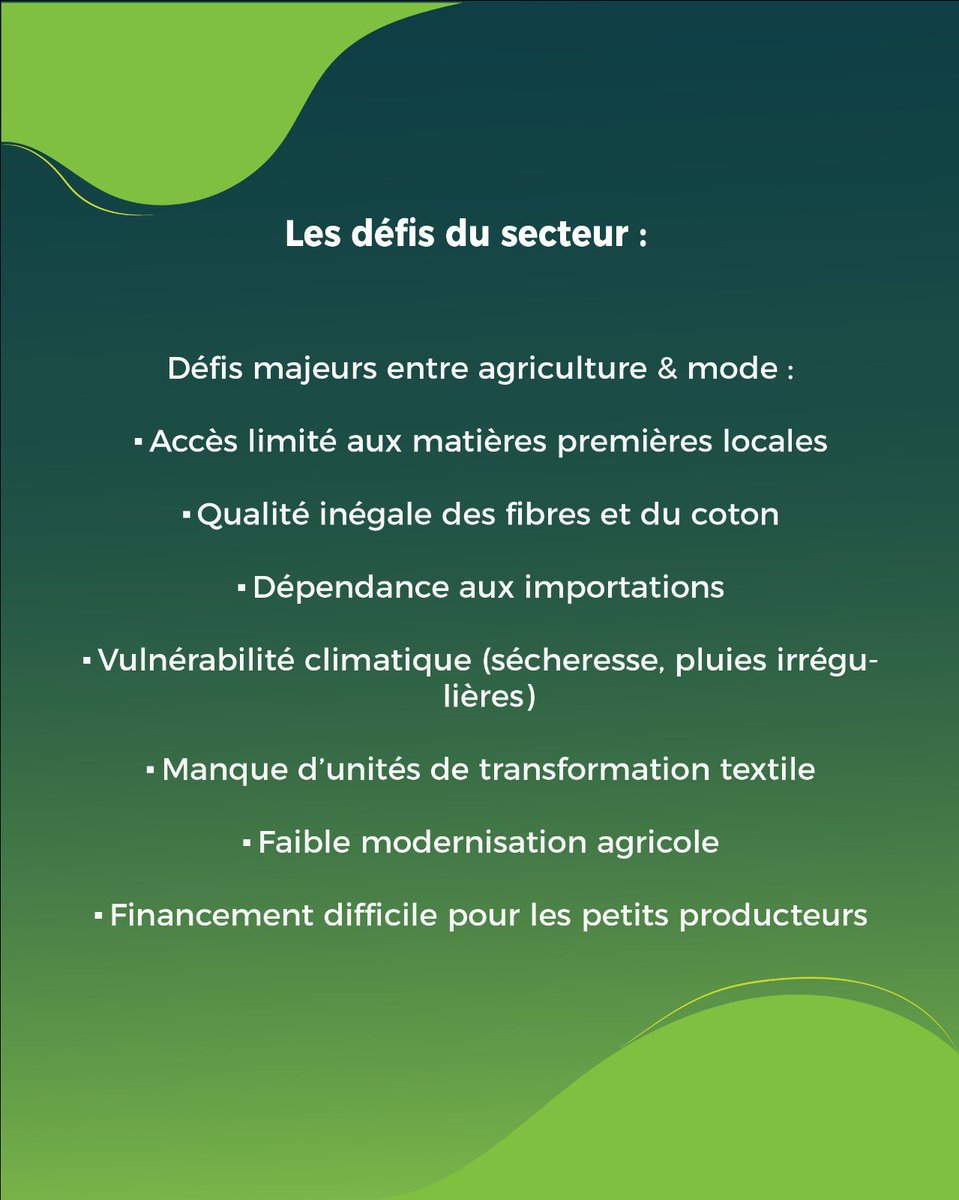 kossajaa's tweet photo. 🌍 La mode africaine brille, mais son essor dépend de la maîtrise des matières premières.
Coton à faibles rendements (360–700 kg/ha), teintures naturelles, cuir artisanal…
Valoriser ces ressources, c’est faire du #MadeInAfrica un moteur de souveraineté. 💪🏾✨
#ModeAfricaine #SustainableFashion