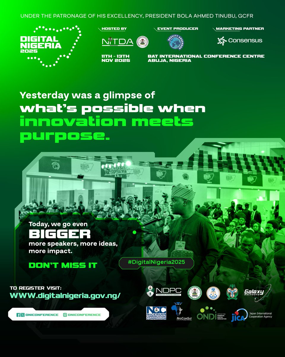 DNIConference's tweet image. Yesterday showed what’s possible when innovation meets purpose.

Today, we go BIGGER.
More voices. More ideas. More impact.

The future is happening, don’t blink.
#DigitalNigeria2025 #TechFuture #NigeriaInnovation
