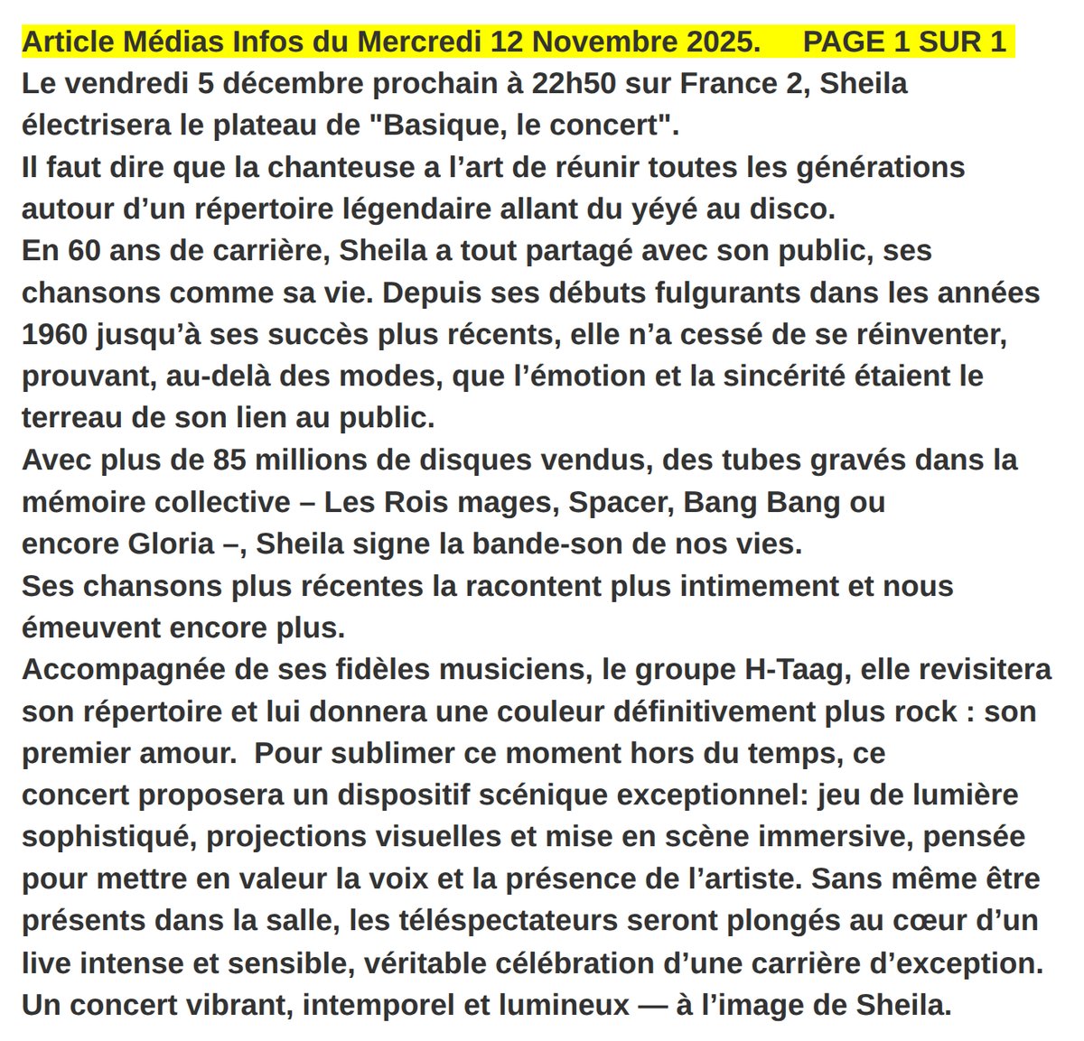 Mediasinfos's tweet image. Le vendredi 5 décembre prochain à 22h50 sur #France2, @Sheilaofficiel électrisera le plateau de "#Basique, le concert". Retrouvez notre article ci-dessous.
