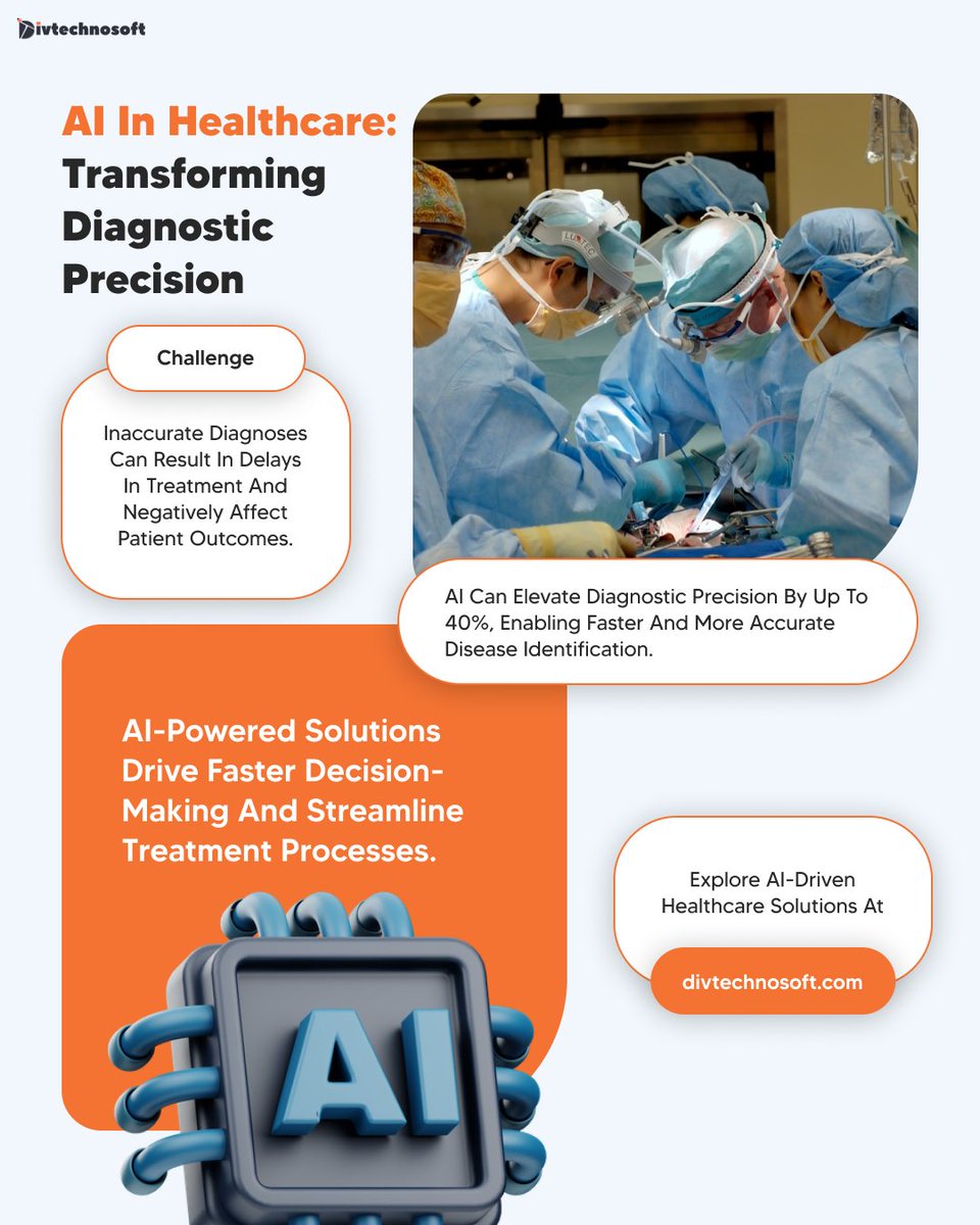 divtechnosoft's tweet image. From enhancing #diagnostic precision to speeding up #treatment decisions, #AI is transforming how #healthcare professionals detect &amp;amp; manage diseases.

Boost diagnostic accuracy by up to 40% for faster, more reliable outcomes.

#AIinHealthcare