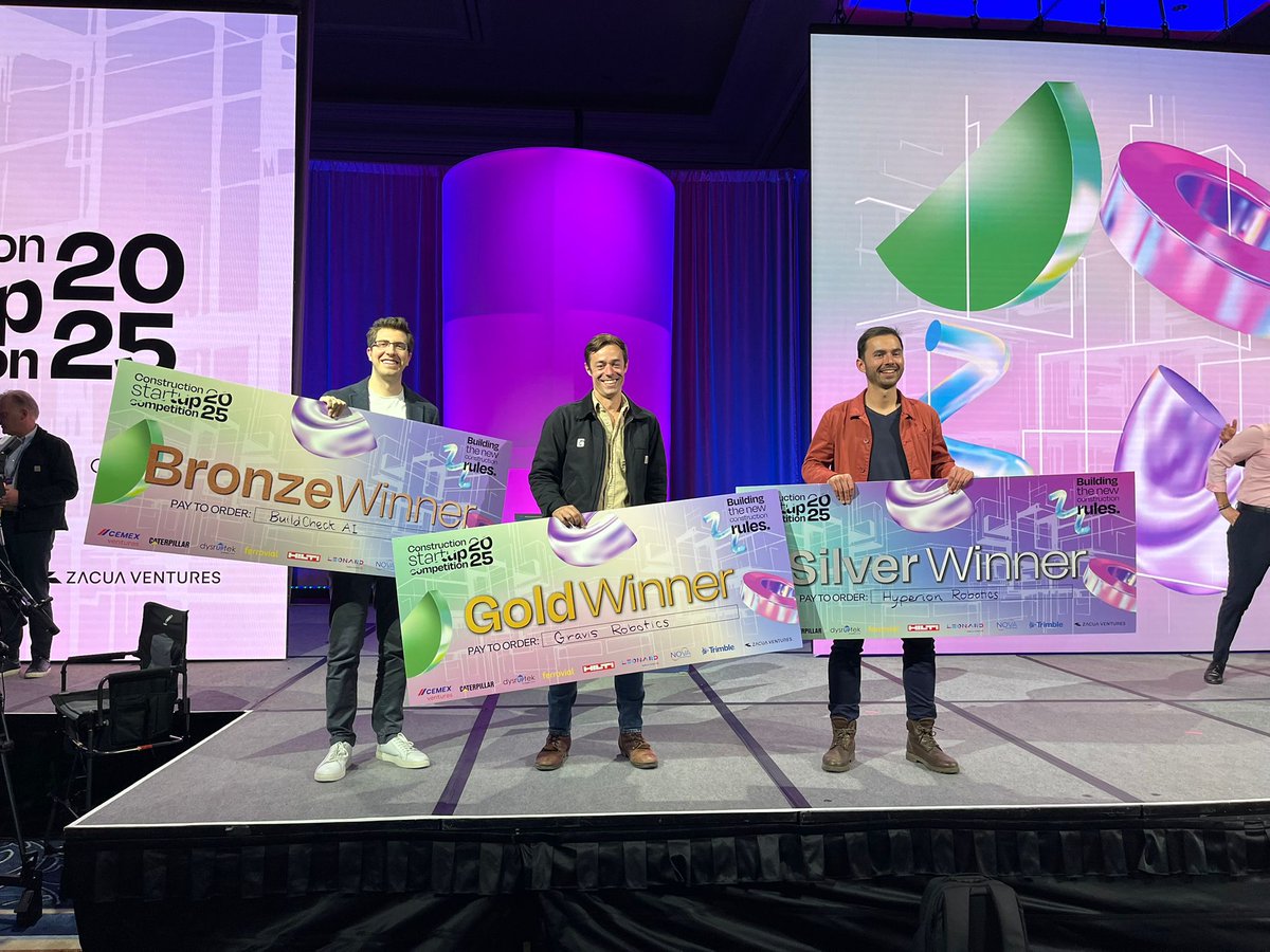 CemexVentures's tweet image. ⚡ #PitchDay2025 took innovation to the next level!

After an intense day of pitches, the winners of #ConstructionStartupCompetition2025 are here:

🥇 Gold: @GravisRobotics 

🥈 Silver: @HyperionRobots 

🥉 Bronze: #Buildcheck

Stay tuned for highlights! 🎥#Contech #Innovation