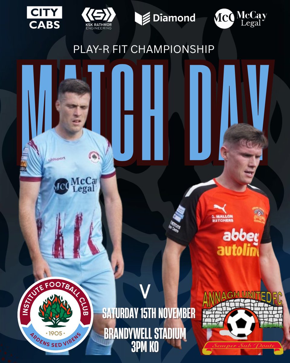 🔵⚪ MATCHDAY AT THE BRANDYWELL! ⚪🔵
This Saturday, 15th November, we’re back home as Institute FC host Annagh United in the Playr-Fit Championship!
📍 Brandywell Stadium
⏰ Kick-off: 3PM
Let’s pack the stands and get behind the lads! 💪⚽
#Stute #InstituteFC #Matchday