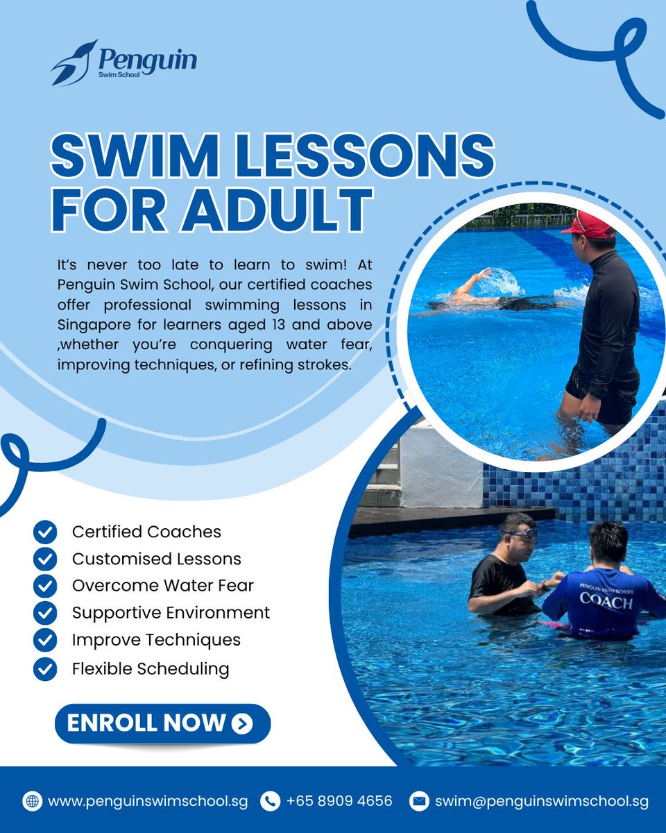 PenguinSwimSG's tweet image. 🏊‍♂️ Adult Swimming Lessons in Singapore

It’s never too late to learn! Whether you’re conquering water fear, learning your first stroke, or perfecting your technique, our certified coaches are here for you.

📞 +65 8909 4656
🌐 penguinswimschool.sg

#AdultSwimming #LearnToSwim