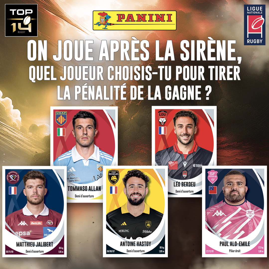 📸 Panini sort les cartes… à toi de sortir le clutch player 🧊 Le score est à égalité. C’est pour la gagne. Tu désignes qui ? #Partenaire #Rugby <a href="/Panini_fr/">Panini France</a>