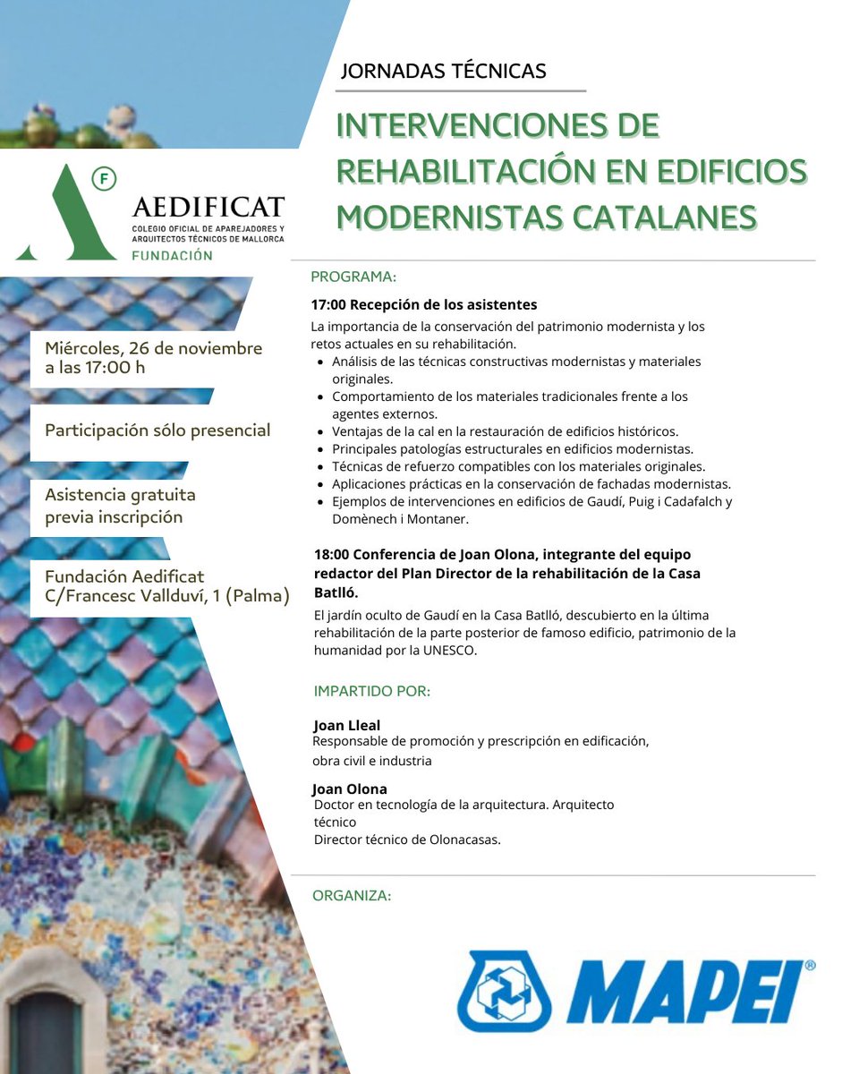Fund_Aedificat's tweet image. Jornada técnica 𝐈𝐍𝐓𝐄𝐑𝐕𝐄𝐍𝐂𝐈𝐎𝐍𝐄𝐒 𝐃𝐄 𝐑𝐄𝐇𝐀𝐁𝐈𝐋𝐈𝐓𝐀𝐂𝐈𝐎́𝐍 𝐄𝐍 𝐄𝐃𝐈𝐅𝐈𝐂𝐈𝐎𝐒 𝐌𝐎𝐃𝐄𝐑𝐍𝐈𝐒𝐓𝐀𝐒 𝐂𝐀𝐓𝐀𝐋𝐀𝐍𝐄𝐒 
🗓 26 de noviembre.
🕘 17.00 horas.
📍 Fundación Aedificat.
🔗+ ℹ️ 👉 bit.ly/3JVZB1C