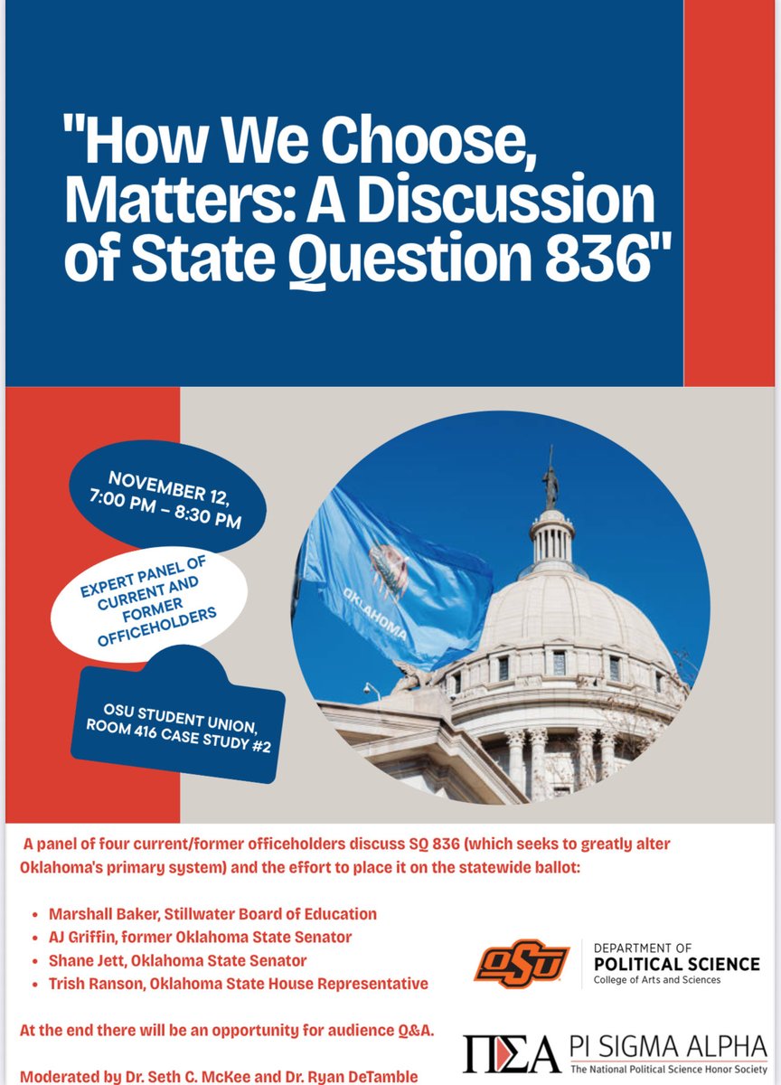 ✅ Open primaries = more freedom + more choice

Join “How We Choose, Matters: A Discussion of SQ 836” — tonight 7–8:30 PM, OSU Student Union Rm 416.

✍️ Sign the petition before/after at ChiO Clock <a href="/voteyes836/">Vote Yes On 836</a> 
#SQ836 #Oklahoma #OpenPrimaries #Stillwater