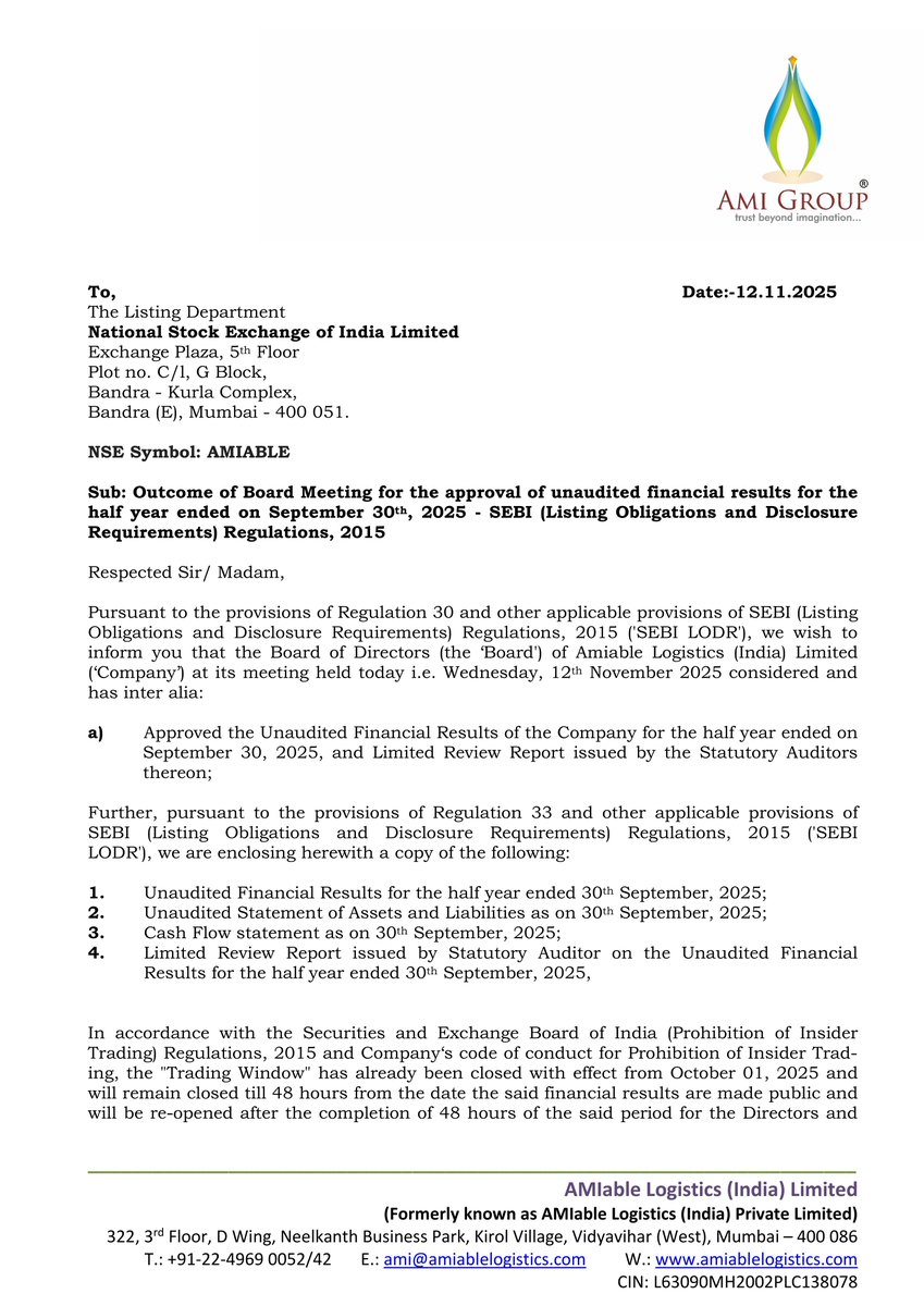 nileshkurhade's tweet photo. 📌 Amiable Logistics (India) Limited informed the exchange about its approval for the financial results for the period ended September 30, 2025. #SME #AMIABLE 📄🧾 https://t.co/i7Pq0Jt2hJ
