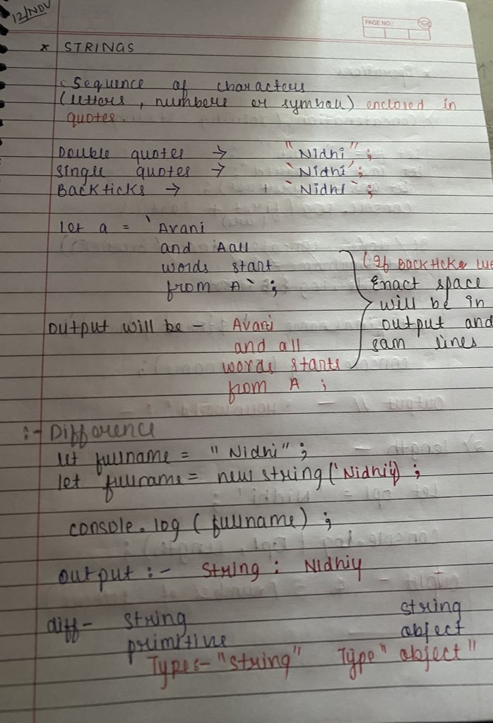 Nidhy7611's tweet image. 🚀Day 9 of learning javascript with @CodeHelp4U 🍀
Today i learned and practice strings
And string operations like :-
Concatenation,substring,uppercase,lowercase,length,split 🚀
#Frontend #webdeveloper #JavaScript #LearnInPublic #CodingJourney #codes