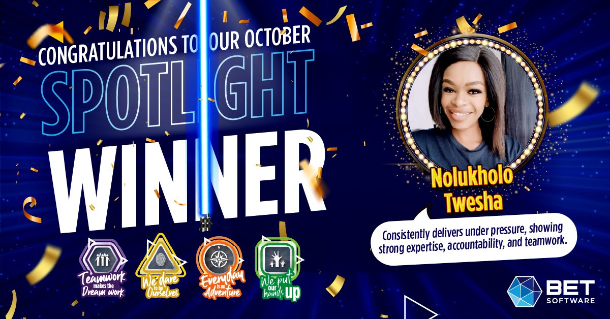 SoftwareBet's tweet image. Cheers to our Spotlight Winner, Nolukholo Twesha! 🌟Her teamwork, skill &amp;amp; dedication in QA make all the difference. Keep shining, Nolukholo! 💙

#BETSoftware #Recognition #Excellence