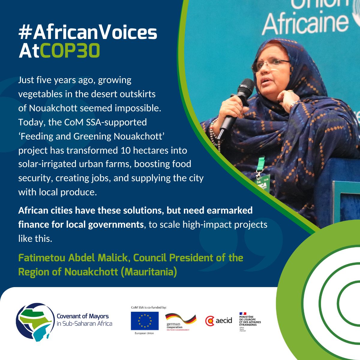 CoMOSSAfrica's tweet photo. 🌍 #AfricanVoicesAtCOP30: Local leaders taking action

Fatimetou Abdel Malick, Council President of the Region of Nouakchott (Mauritania), is among the #CoMSSA Regional Mayors Forum members calling for climate finance that reaches the local level, where high-impact solutions are already being delivered.