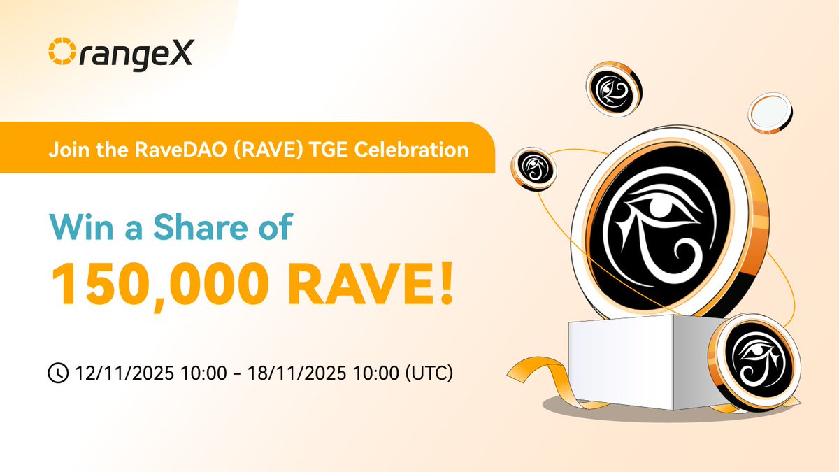 OrangeXExchange's tweet image. #OrangeX🍊 will join the RaveDAO TGE celebration to share 150,000 $RAVE now😍! @RaveDAO 

TGE Celebration Campaign 📆: 12/11/2025 10:00 - 18/11/2024 10:00 (UTC)

The TGE Celebration 1st Round: Join the Twitter airdrop campaign to share a total of 3,000 RAVE!
1️⃣: Follow #OrangeX…