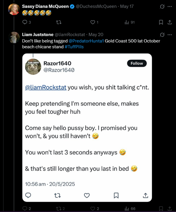 Razor1640's tweet image. You were saying @nic_vasiliou? 🤣

Are you going to continue with the #DoubleStandards or are you going to call @GreyhamJohnson your #multipleaccounts running buddy a coward too?

I mean, there&apos;s plenty of proof of all the #fakethreats he&apos;s made...