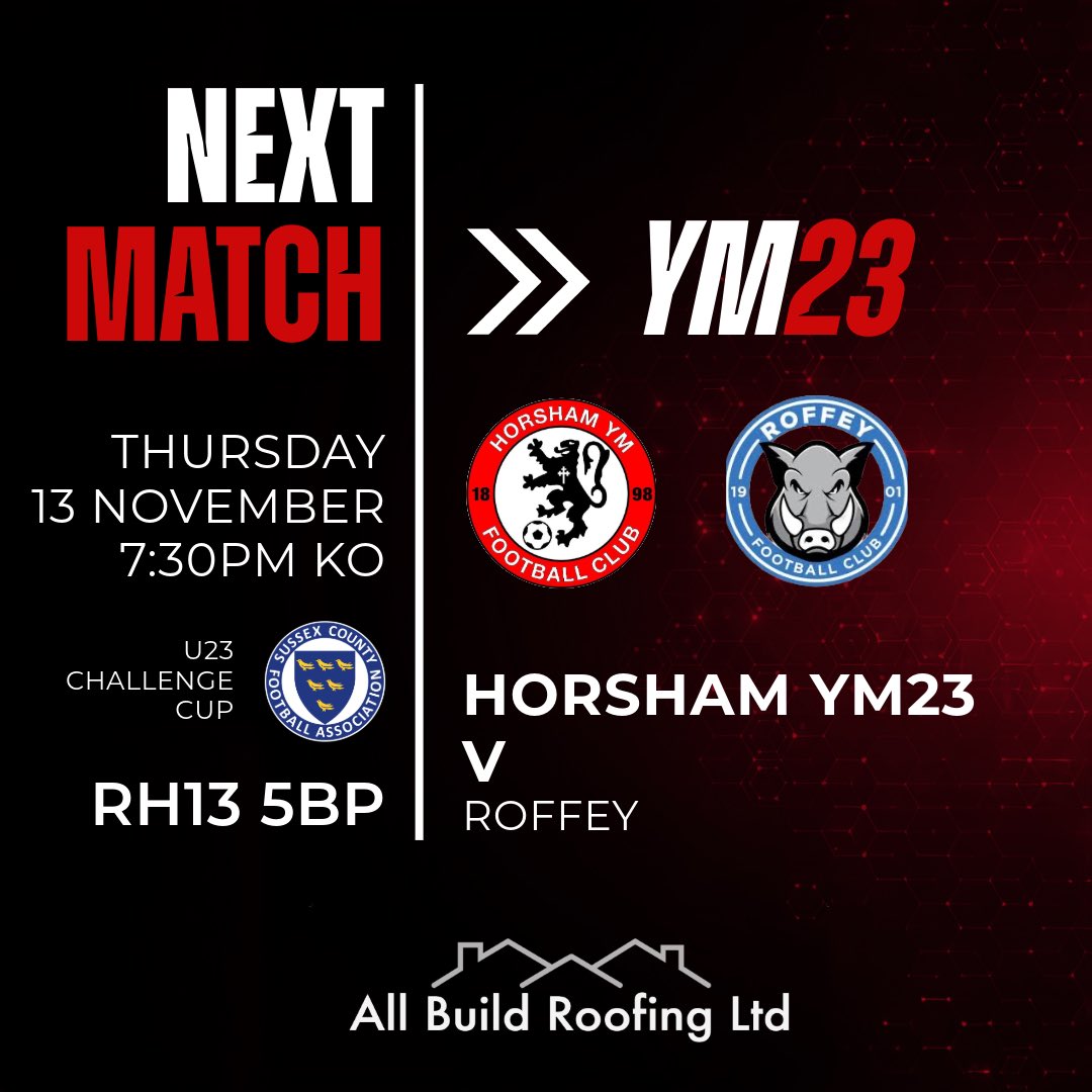 horshamymfc's tweet image. YM23 face local rivals @RoffeyFC on Thursday in the QF of The Sussex FA Challenge Cup

Kick off at The @HerbertDirect Stadium is 7:30pm