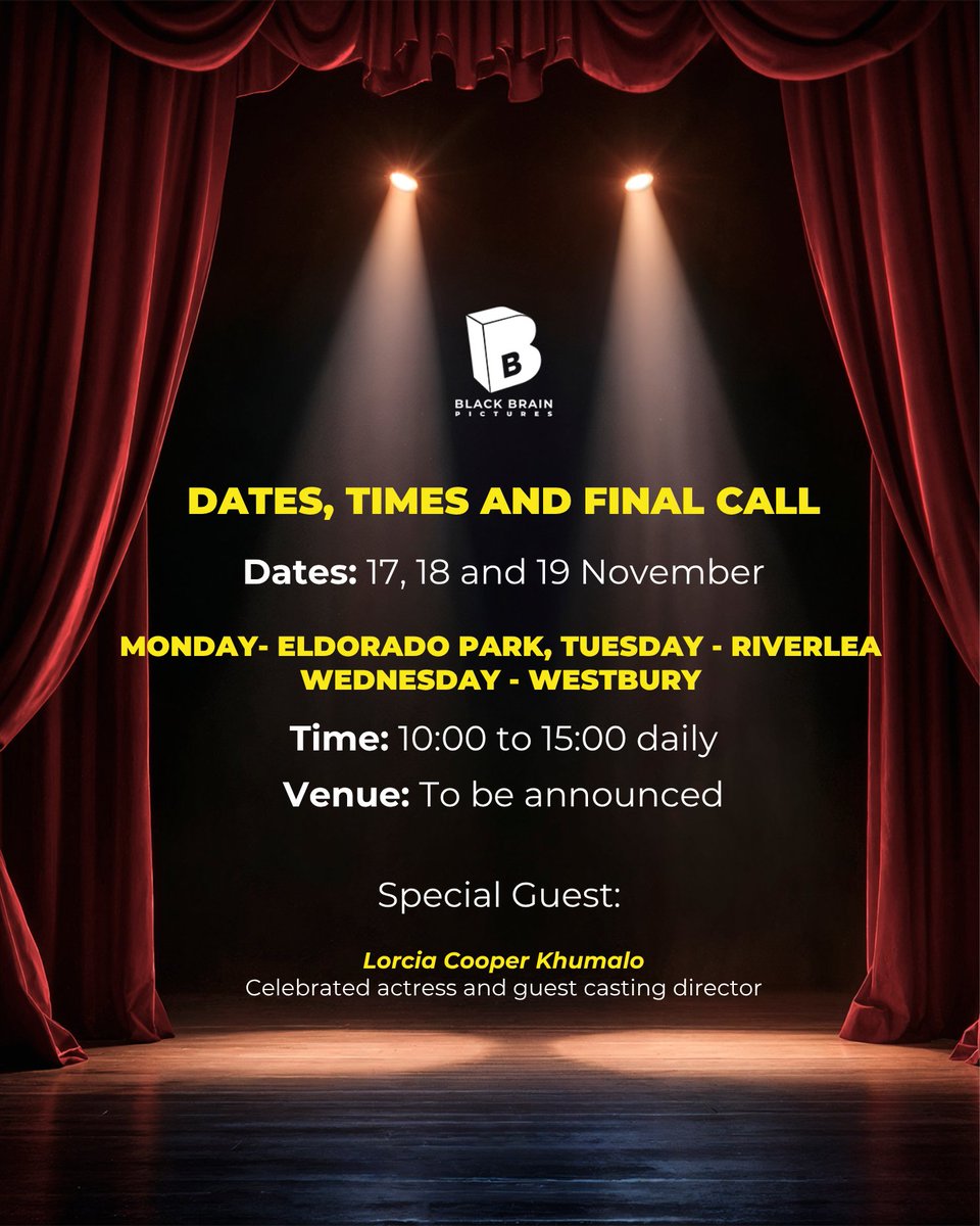 PhilMphela's tweet image. AUDITIONS: 

Black Brain Pictures, production company behind posts of hit shows such as Lockdown and Isitha including films such as Netflix hit Mabaso Family Reunion, is looking for fresh, undiscovered talent from the coloured communities in Eldorado Park, Westbury &amp;amp; Riverlea.…