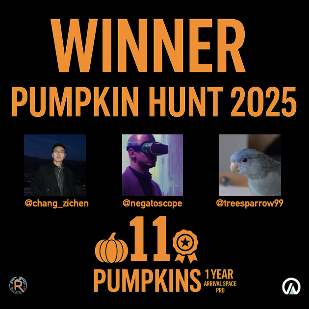 arrival_space_'s tweet photo. Congrats to the #PumpkinHunt winners @chang_zichen @negatoscope @treesparrow99 for finding 11 pumpkins in the @Radiancefields Halloween Space! A 1-year #ArrivalSpace PRO subscription is yours. Thanks to everyone for joining the event, it was real fun. https://t.co/ljRKvlqnoP