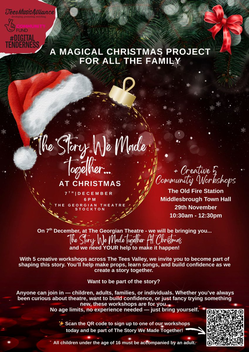 🎄 Join our FREE Christmas project!
 Help create The Story We Made Together At Christmas with Tees Music Alliance &amp; Samantha Wright.
 🎭 5 creative workshops | All ages welcome
 📌 Sign up: tinyurl.com/5d5wxbx8

#DigitalTenderness #Community