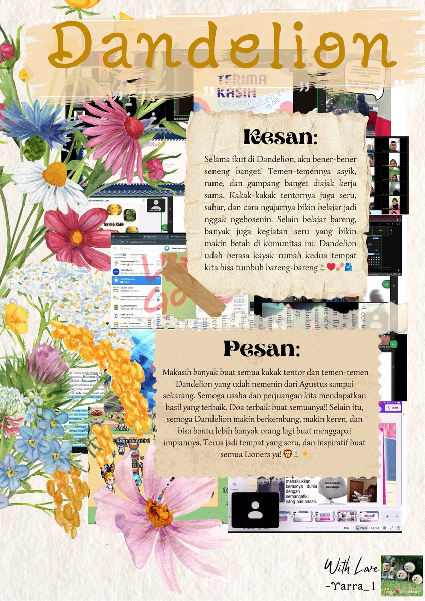Kesan pesan belajar di <a href="/_wearedandelion/">Dandelion Free Learning</a> asikk dan seruuu bangettt. Terimakasih banyakkk kakak-kakak, lope banyakk banyakkk🫰🏻🫶🏻❤️🧡💛💚💙💜🤎🖤🤍🩶🩵🩷💘💝💖💗💓💞❤️‍🩹❣️♥️💟💕❤️‍🔥