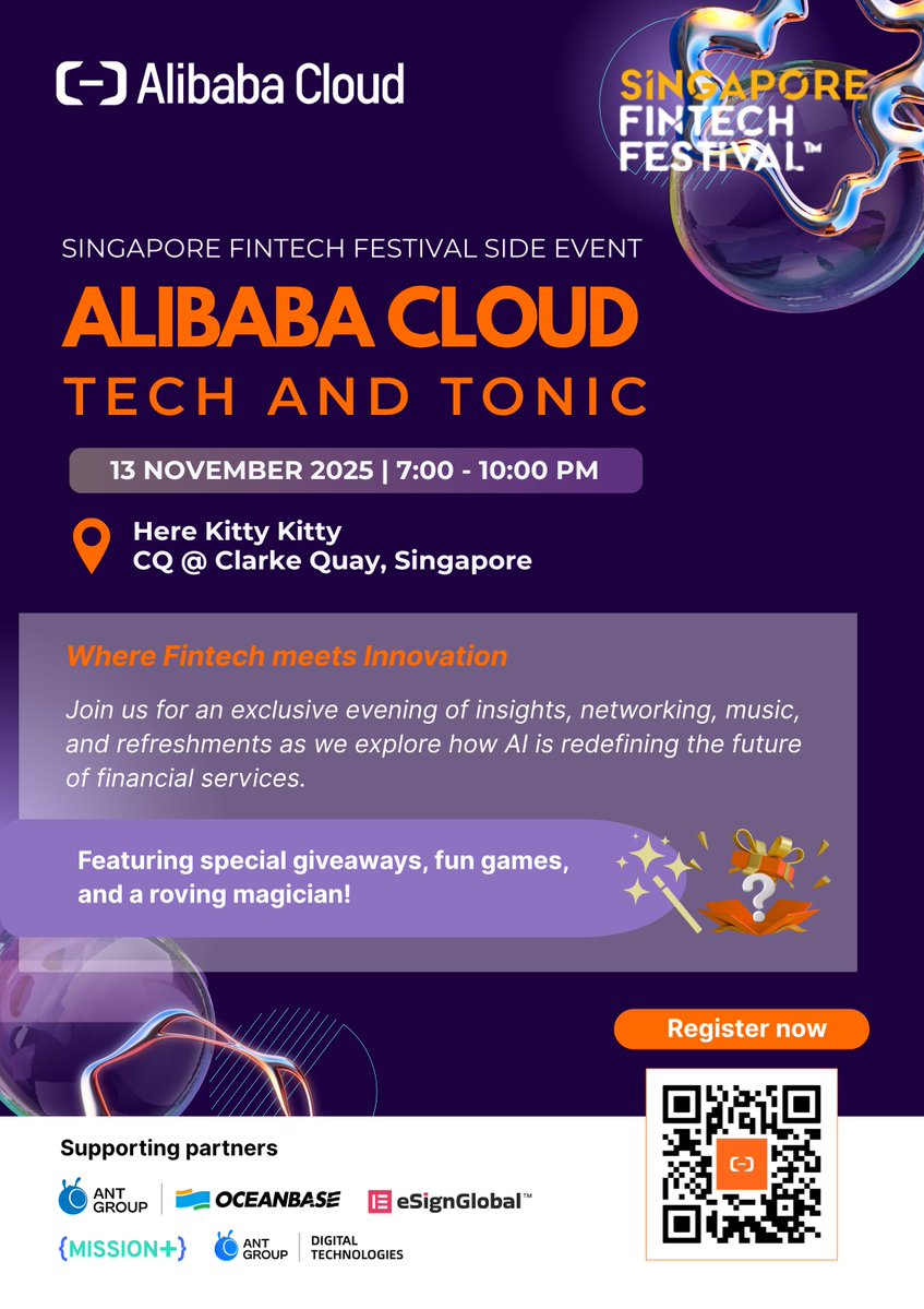 OceanBaseDB's tweet image. In Singapore for #SFF2025 tomorrow? Don&apos;t miss Tech &amp;amp; Tonic, an exclusive FSI networking event we co-host with @AliCloudIntl &amp;amp; @AntGroup. 
Talk AI, cloud-native, and the data foundation powering it all. 🥂

Register now: survey.alibabacloud.com/uone/sg/survey… #OceanBase #FinTech #AI #Networking