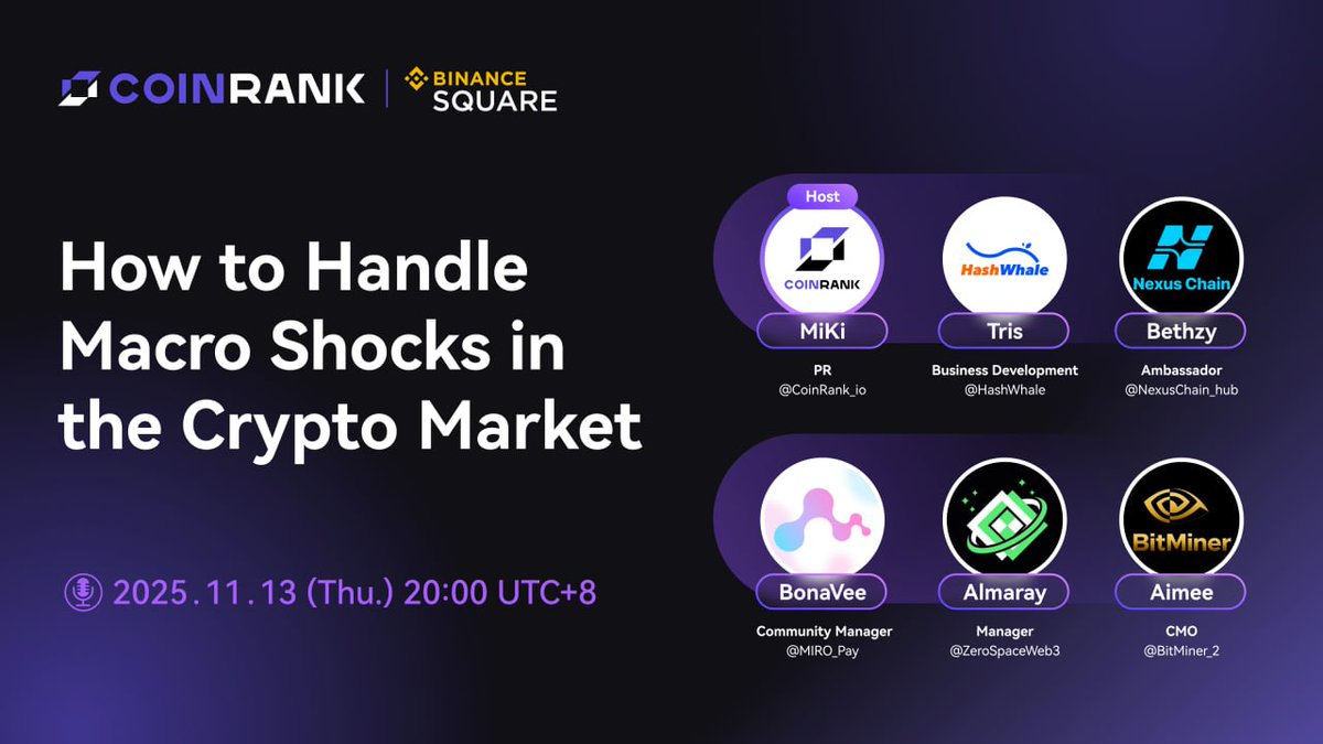 CoinRank_io's tweet photo. 🎙️ How to Handle Macro Shocks in the Crypto Market

Global volatility is rising — how can Web3 projects stay resilient when macro factors shake the market? 🌪️

Join top builders and community leaders as we discuss:

·Surviving macro shocks
·Navigating liquidity stress
·Building sustainable momentum

🗓 Nov 13, 2025 (Thu) | 20:00 UTC+8

🎤 Host
MiKi — @CoinRank_io

🎙️ Speakers
Tris — @HashWhale
Bethzy — @NexusChain_hub
BonaVee — @MIRO_Pay
Almaray — @ZeroSpaceWeb3
Aimee — @BitMiner_2 

📍 Join Live:
🔗 Binance Square: https://t.co/T8NbOBhN3x
🎧 X Space: https://t.co/44qZQkw9iW

Don’t miss this insightful AMA powered by @CoinRank_io x #BinanceSquare — tune in for alpha on navigating the next wave of market turbulence. ⚡
#CryptoMarket #MacroTrends #Web3 #DeFi #CoinRank