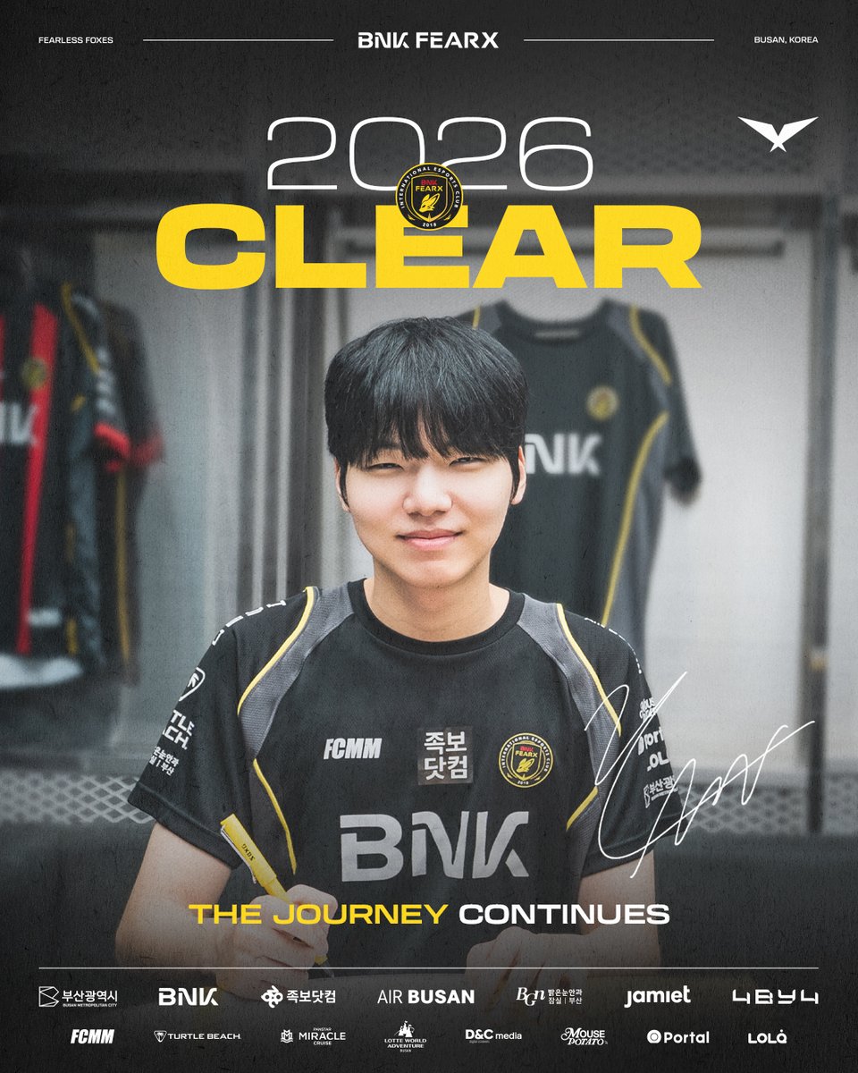 𝐓𝐡𝐞 𝐉𝐨𝐮𝐫𝐧𝐞𝐲 𝐜𝐨𝐧𝐭𝐢𝐧𝐮𝐞𝐬, 𝐂𝐥𝐞𝐚𝐫

2026년에도 ‘Clear’ 송현민 선수와 함께합니다. 
오랜 시간 믿음으로 함께 걸어온 여정 그리고 끊임없이 성장하며 증명해온 시간. 
그 발자취를 이어, 클리어 선수와 다시 한 번 손을 맞잡습니다. 
2026년, 함께 써 내려갈 또 다른 이야기를