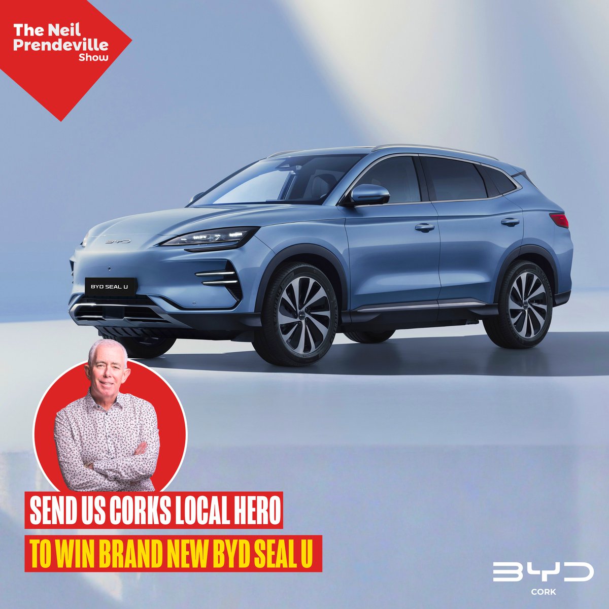 CorksRedFM's tweet image. Tune in to The Neil Prendeville Show to send in your stories why your chosen person deserves to be Cork&apos;s Local Hero and drive a brand new BYD Seal U from Kearys 🙌