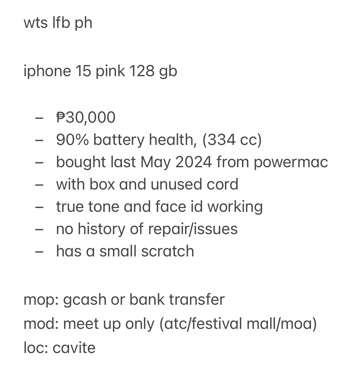 hgtrack5's tweet photo. wts lfb ph

iphone 15 pink 128 gb

- ₱30,000
- 90% battery health
- has a small scratch

mop: gcash or bank transfer
mod: meet up only (atc/festival mall/moa)
loc: cavite https://t.co/6C9FwR0Qat