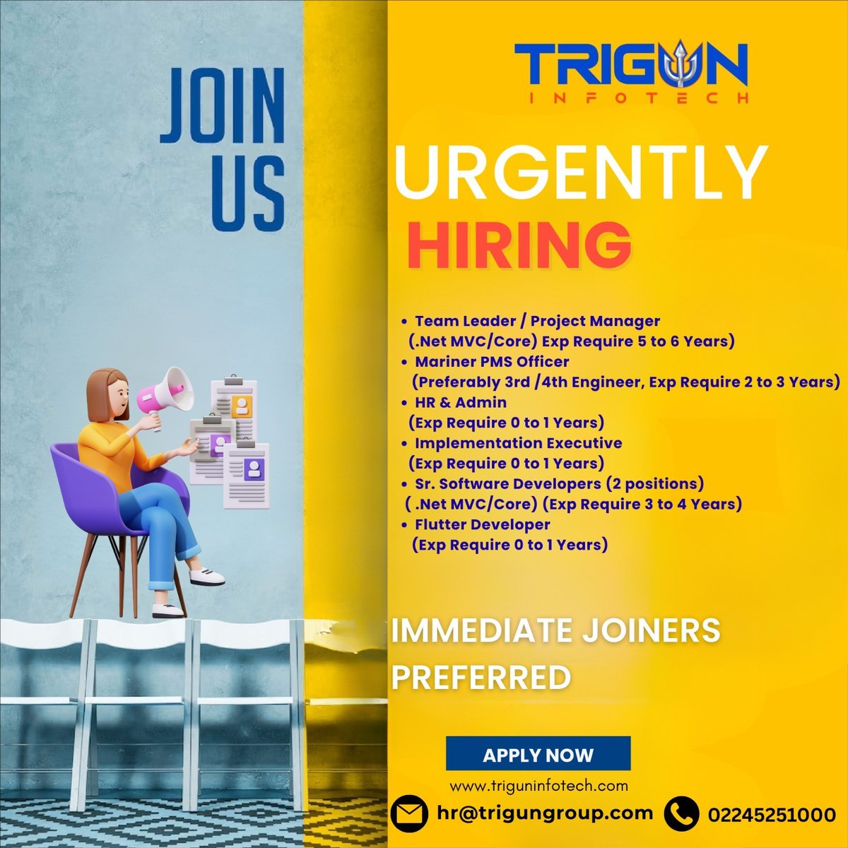 TrigunInfotech's tweet photo. 🚀 Exciting Career Opportunities at Trigun Infotech!

We are expanding our team and inviting talented professionals to be part of our growing organization.

#TrigunInfotech #WeAreHiring #CareerGrowth #JoinTrigun #NowHiring #JobVacancy #TechJobs #SoftwareDeveloper #TeamLeader https://t.co/sv2UpMuSms