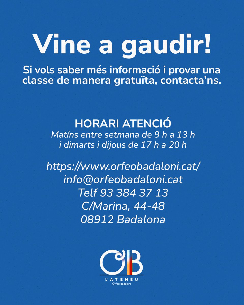 orfeobadaloni's tweet photo. Cor Orfeó Badaloní, obert a tothom i dedicat principalment al repertori popular de Catalunya i de pobles d’arreu del món. 🌍

📅 Dimecres de 20:30 a 22:30
💸 30 € al mes
📍 A Badalona

#CantCoral #MúsicaPopular #OrfeóBadaloní #CulturaCatalana #Badalona https://t.co/aXNBD267kO