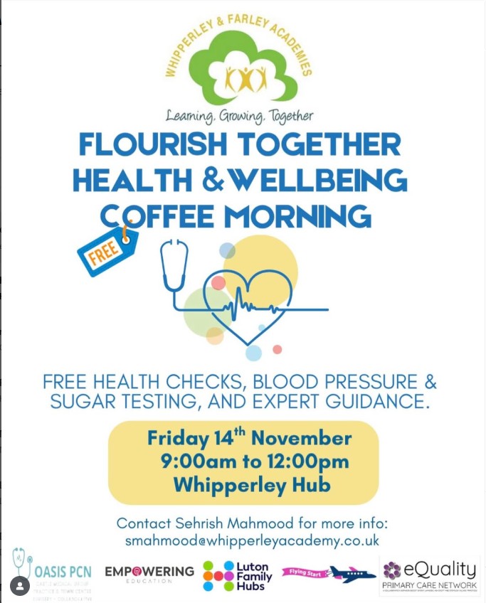 hwluton's tweet photo. Pop by for free health checks, blood pressure and sugar testing and expert advice.
#Healthwatchluton #HealthAndWellbeing #CoffeeMorning #CommunityEvent #FreeHealthChecks #WellbeingSupport #LutonEvents #BloodPressureCheck #SugarTesting #WhipperleyHub #FlourishTogether https://t.co/fK39VFNHQm