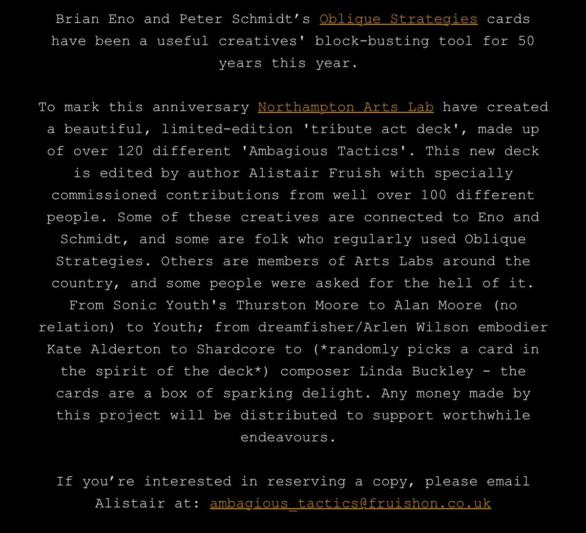 Honoured to be part of this. A new creative release from <a href="/ArtsLabNH/">Arts Lab Northampton</a> Details in the photos.

Any money made by the project will be distributed to support worthwhile endeavours.

£55.55 inc P&amp;P

For more information, email: ambagious_tactics@fruishon.co.uk