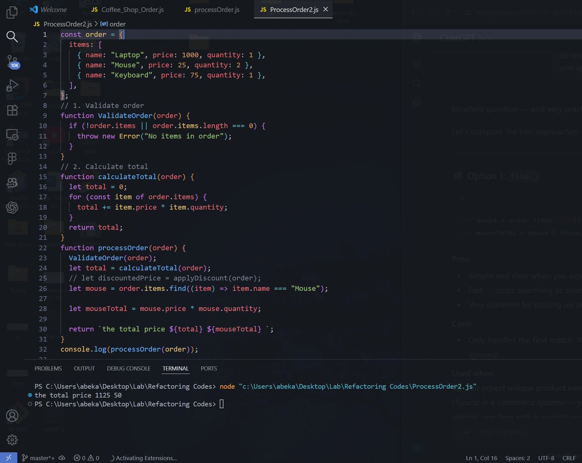 BEKAAMAN2's tweet image. Day 27 of #100DaysOfCode
💻 Refactored my order processing logic!
✅ Added input validation &amp;amp; modular functions
✅ Used helper functions for cleaner structure
✅ Practiced readability, separation of concerns &amp;amp; debugging  Small refactors, 
#CodeRefactoring  #NodeJS #CleanCode