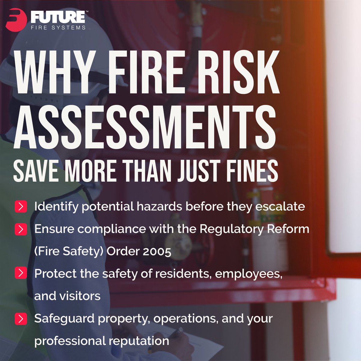 🔥 Fire risk assessments do more than prevent fines — they save lives.
Identify hazards, stay compliant, and protect people, property &amp; reputation.
At Future Fire Systems, we provide expert, actionable assessments that keep you safe &amp; compliant.