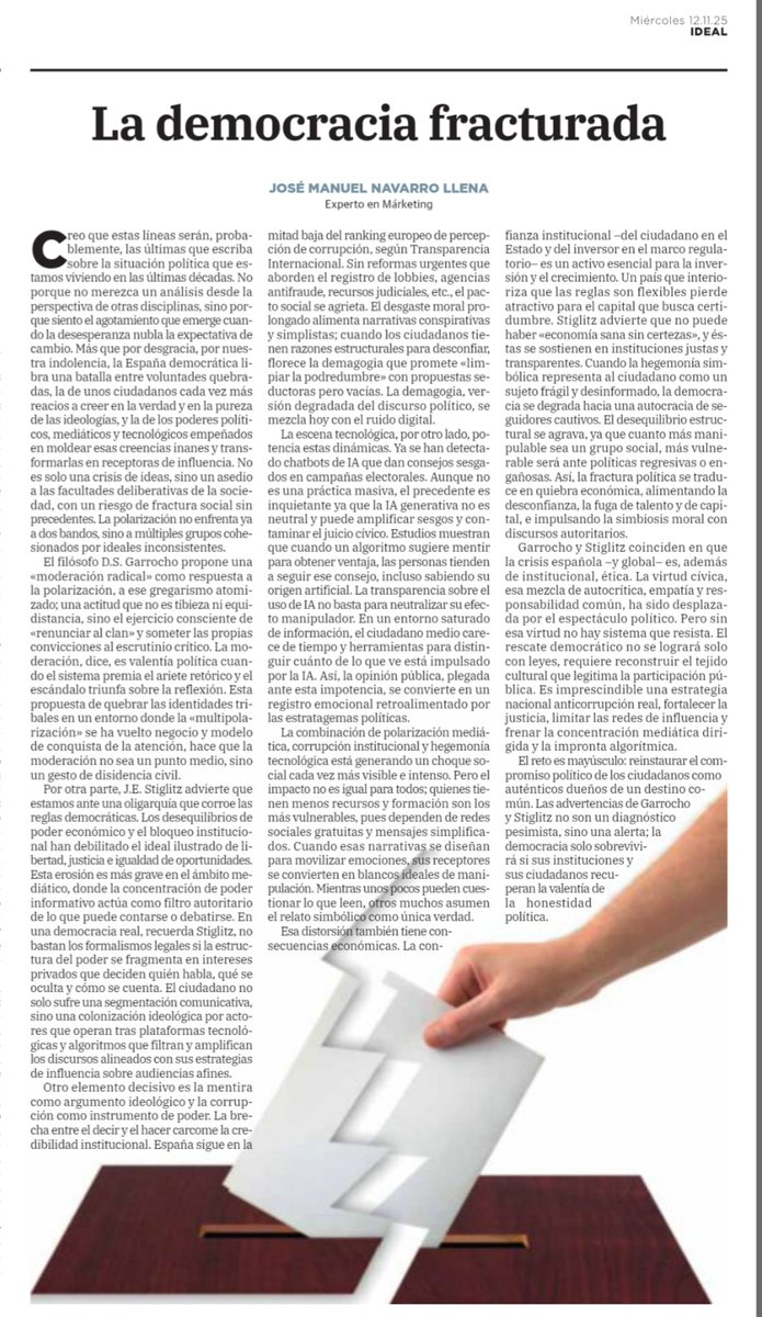 LA DEMOCRACIA FRACTURADA.

El reto es mayúsculo: reinstaurar el compromiso político de los ciudadanos como auténticos dueños de un destino común.

Publicado en Ideal.es (Grupo Vocento) y en granadablogs.com/entrelineas/20…
#democracia #política