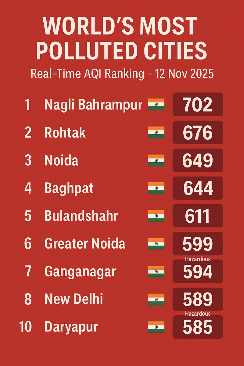 World’s Most Polluted Cities (Real-Time AQI Ranking – 12 Nov 2025)
<a href="/airqualityindia/">Air Quality in India</a> <a href="/CPCB_OFFICIAL/">Central Pollution Control Board</a>
  
Source -aqi.in/in/world-most-…

#AQI #Pollution #India #Delhi #ClimateCrisis