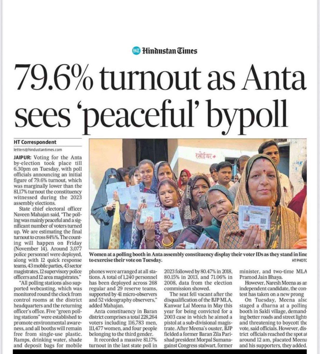 CeoRajasthan's tweet image. 👉अंता विधानसभा उप चुनाव 2025 
👉लोकतंत्र के उत्सव में उत्साह और उमंग के साथ मतदान केंद्रों पर पहुँचे मतदाता ....मतदान पूरी तरह शांतिपूर्ण रहा ।
✍️ मीडिया की सुर्खियों में 
@ECISVEEP 
@spokespersonEci
@DIPRRajasthan
@DcDmBaran_
@eroanta193 
@DDNational
@Airnews_jaipur
#GenZVotes…