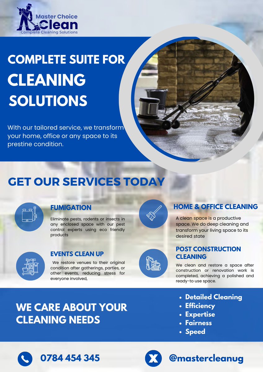 "Every home and office deserves the best".

Start a new day in a clean and fresh enviroment🫡
<a href="/MasterCleanUg/">Master Choice Clean</a>  is ready to provide the best and eco friendly cleaning services at an affordable fee.
#CompleteCleaningSolutions.