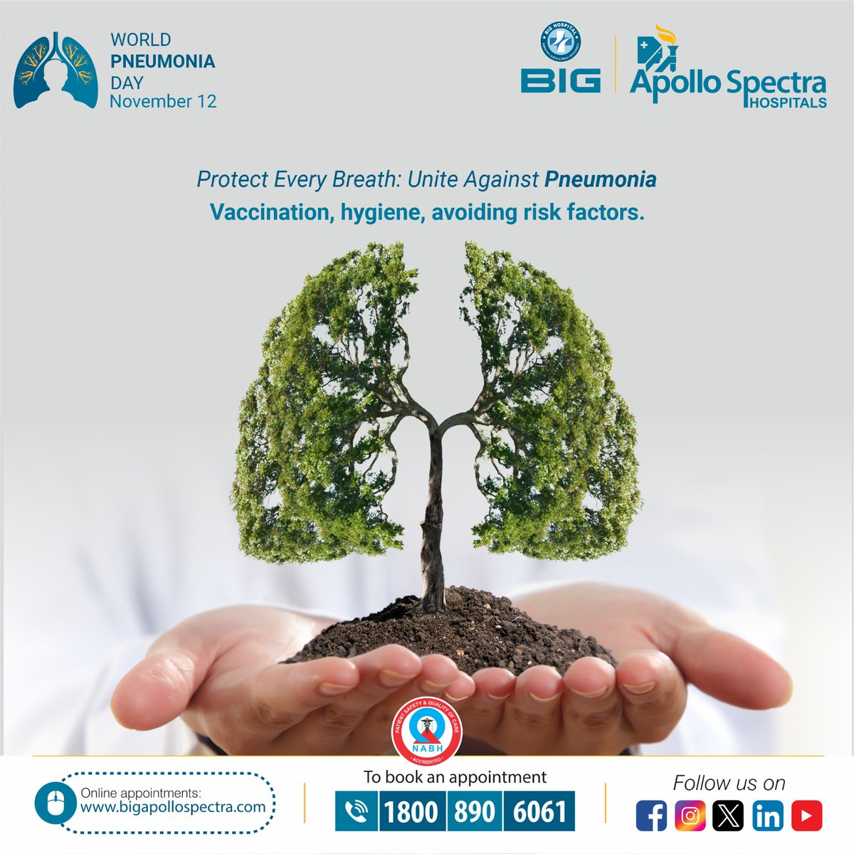 🌍 World Pneumonia Day | November 12 💙

Let’s come together to Protect Every Breath and Unite Against Pneumonia.

🫁 Prevention is the best protection —

✅ Get Vaccinated
✅ Maintain Good Hygiene
✅ Avoid Risk Factors