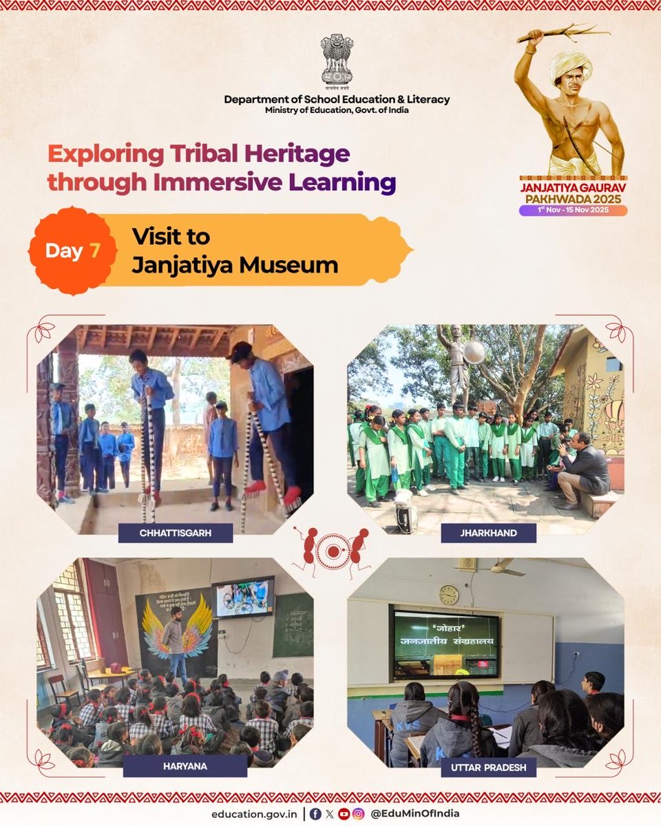 EduMinOfIndia's tweet image. On the seventh day of Janjatiya Gaurav Pakhwada, schools across the nation organised visits to Janjatiya museum, enabling school students to explore tribal history, artifacts and cultural traditions through firsthand experience.

In addition, schools also facilitated virtual…