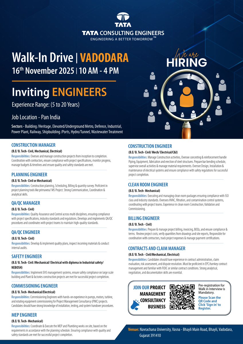 TCEConnect's tweet image. Another Hiring Opportunity!

We’re inviting experienced Engineers to explore career opportunities with Tata Consulting Engineers (#TCE) in our Project Management Consultancy business. 

Join us for a recruitment drive in Vadodara on 16 November, for candidates with 5 to 20 years…