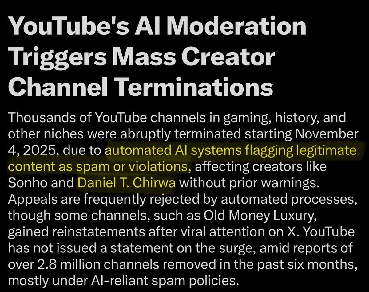 SmileySmilik's tweet image. YouTube is preparing an official statement about their AI moderation system failure...

The problem is that we already know how FLAWED YouTube's AI moderation works behind the scenes.

We've seen THOUSANDS of genuine creators terminated for no reason. That's enough to draw…