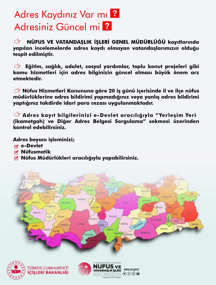 Adres Beyanınızı Yaptınız mı⁉️

➡️ Nüfus müdürlükleri, Nüfusmatikler ve e-Devlet aracılığıyla adres beyanı işleminizi gerçekleştirebilirsiniz. 

e-Devlet ⬇️

🔗 turkiye.gov.tr/nufus-ve-vatan…

#HayatınızınHerAnında