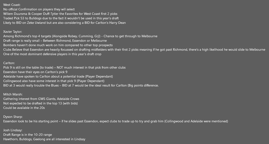 Woodzyyyyy____'s tweet photo. 🚨 GETTABLE DRAFT NOTES (Nov 12) 🚨
Key takeaways from today’s episode 👇
Big moves expected for West Coast, Essendon targeting mids, Richmond to shape the first round. Have a read in the images below
#AFL #AFLDraft #Gettable https://t.co/JtkVb2VkKs