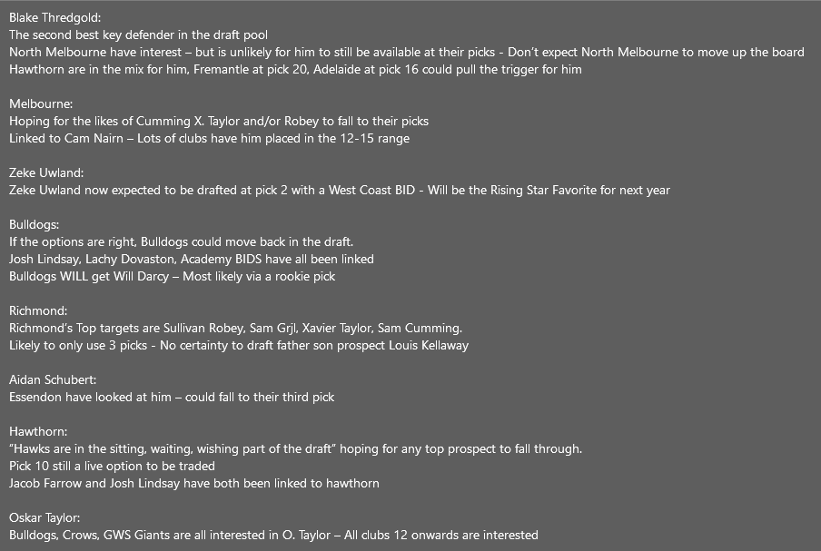 Woodzyyyyy____'s tweet photo. 🚨 GETTABLE DRAFT NOTES (Nov 12) 🚨
Key takeaways from today’s episode 👇
Big moves expected for West Coast, Essendon targeting mids, Richmond to shape the first round. Have a read in the images below
#AFL #AFLDraft #Gettable https://t.co/JtkVb2VkKs