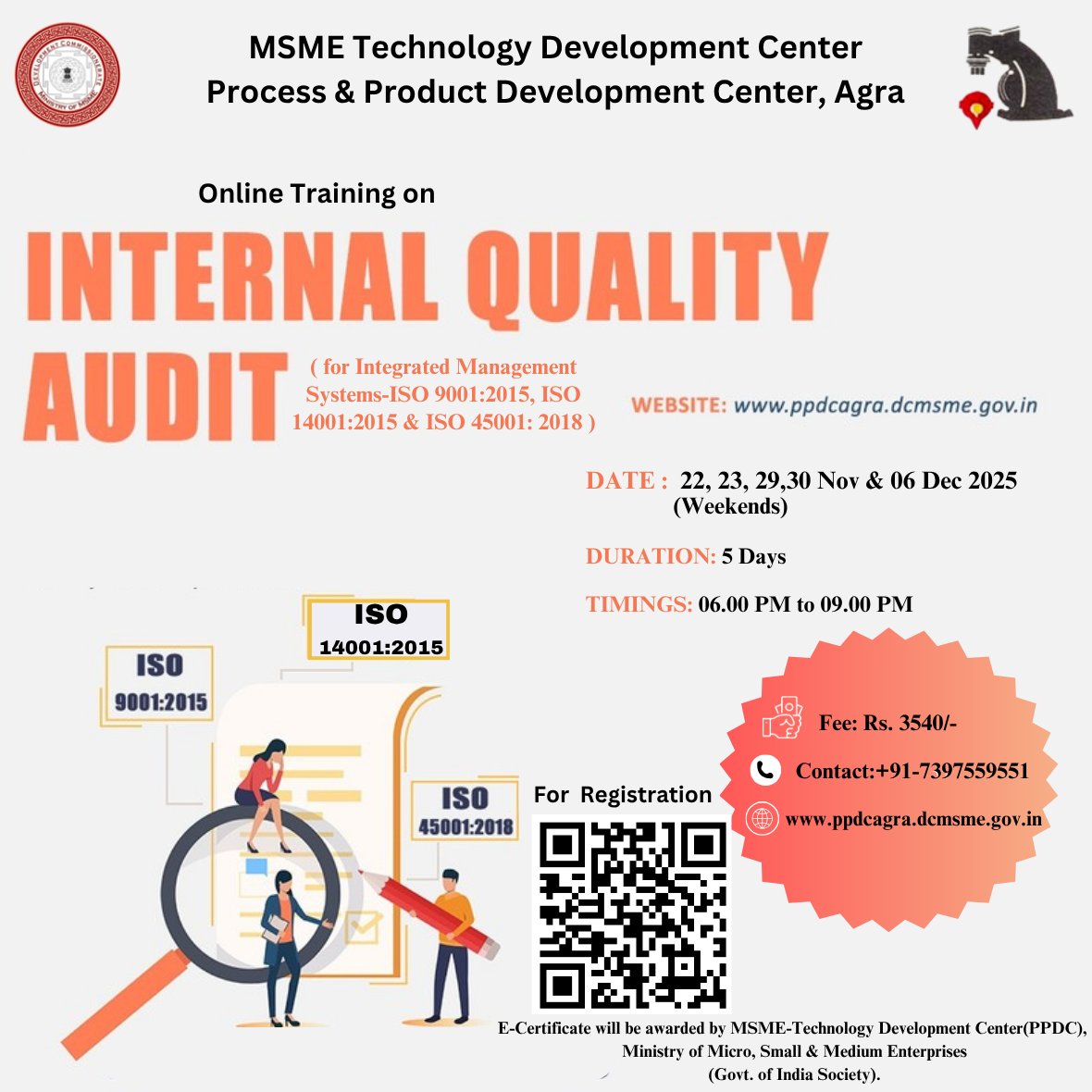 ppdcagra's tweet photo. Greetings from the Ministry of MSME, Govt. of India Society !!!

MSME TDC (PPDC), Agra is organizing an Online Training Programme on "Internal Quality Audit for IMS-ISO 9001:2015, ISO 14001:2015 &amp; ISO 45001: 2018."

For Online Registration
https://t.co/LX1H3qYhu7 https://t.co/bbOK08Lcw6