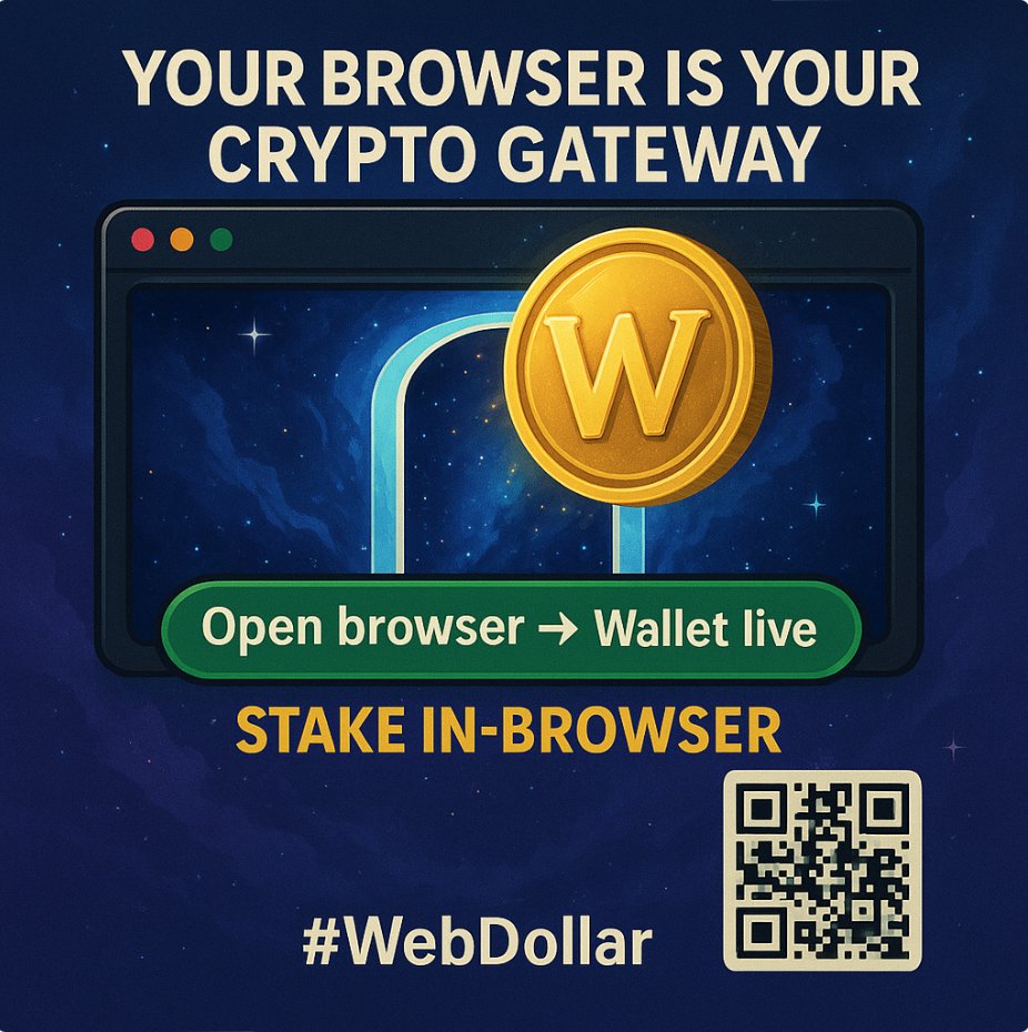 webdollarfans's tweet photo. 🌟 Your browser is now your crypto‑gateway. #WebDollar turns simplicity into power. #JustClickAndGo- https://t.co/Q6aapP4d6p
#ProofOfStake #Deflationary #Crypto #HalvingEvery2Years #cryptocurrencynews #CryptoCommunity #Web3 #AltcoinGems #Finance #TrendingNow #WEBD #Bitcoin #NFT https://t.co/6mY1dDAnep