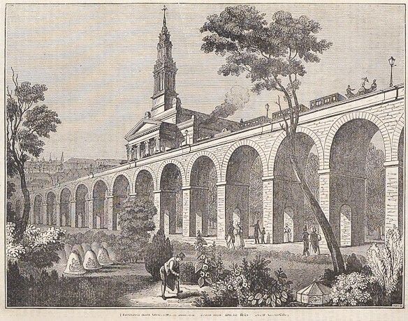 #OnThisDay 190 years ago, the London &amp; Greenwich Railway's pre-opening trial ceased, resulting in closure of temporary stations at Blue Anchor Lane and Grand Surrey Canal. Woodcut from 09/01/1835 'The Penny Magazine' showing the viaduct passing St. James Church, Bermondsey.