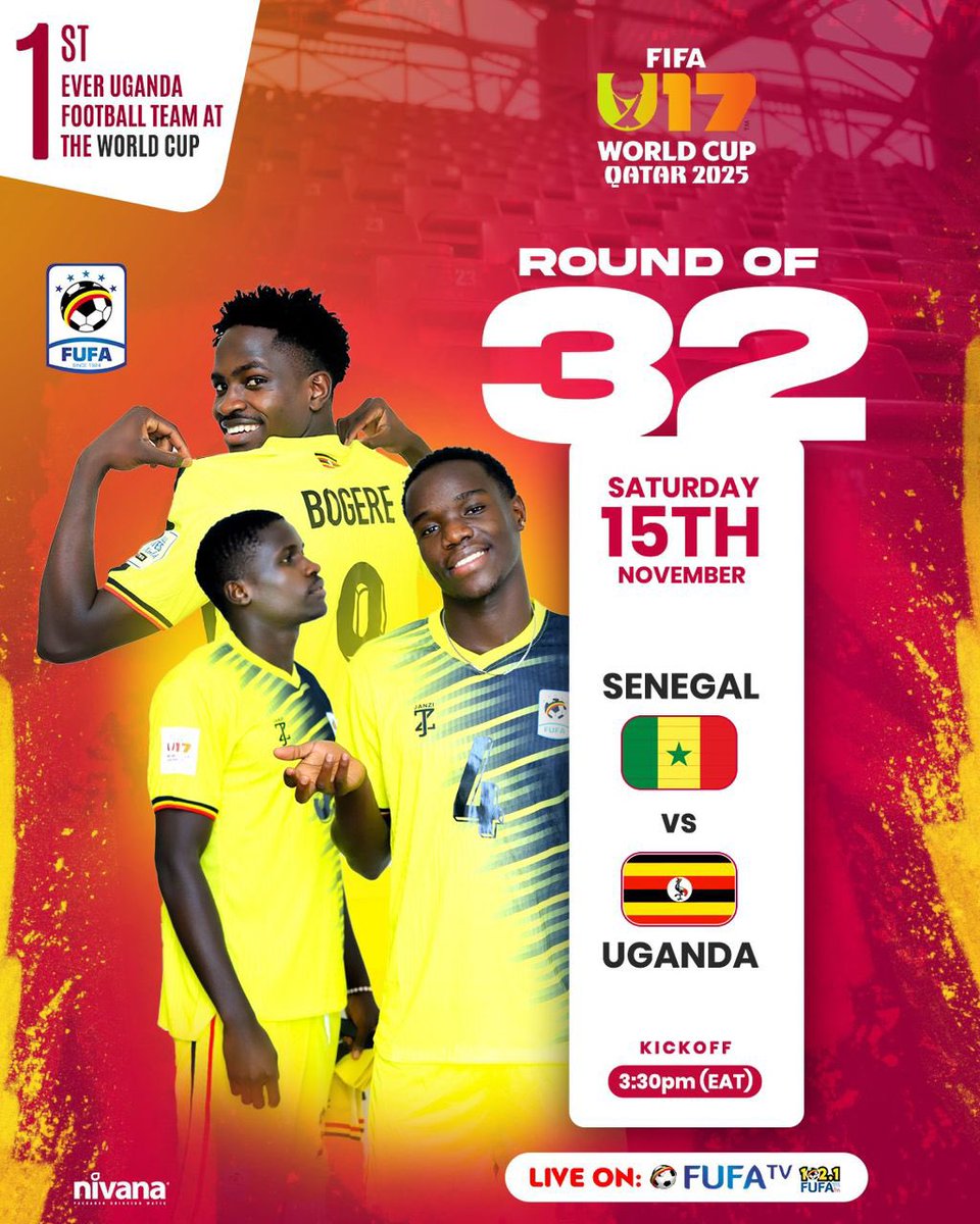 🇸🇳 AFRICAN AFFAIR! 🇺🇬 

It’s an all-African showdown in Qatar! 🔥
Round of 32: Senegal U17 🆚 Uganda U17.

It doesn’t get bigger than this! ⚽️
Kickoff: 3:30 PM 
Live on FUFA Tv 📺 
#U17WC | #HomeOfUgandanSport