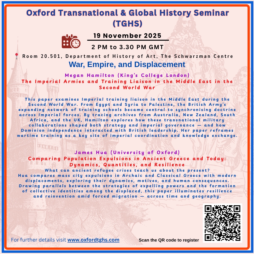 How did empire, war, and displacement shape the modern world?
Join us for a discussion on War, Empire, and Displacement — Register: us02web.zoom.us/meeting/regist…
🗓️ Nov 19 | 🕑 2–3:30 PM | 📍 Room 20.501, Schwarzman Centre
#GlobalHistory #TGHS #oxfordstudy